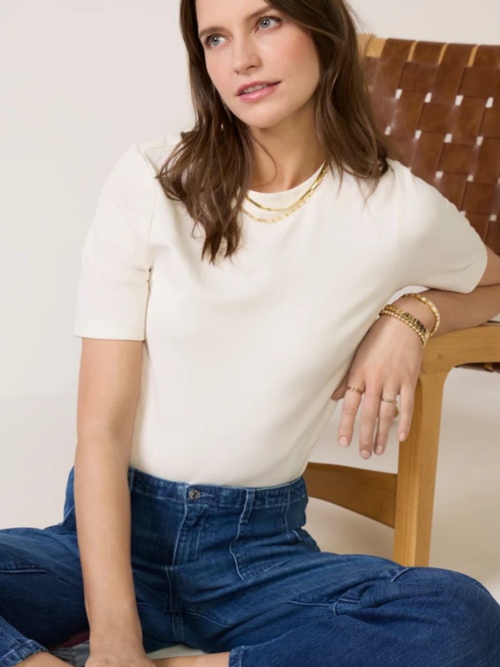 Short Sleeve Crewneck Elbow Tee - Color Linen